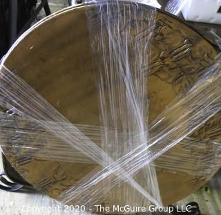 Persian Copper Tray Coffee Table with Cast Iron Stand.  Measures approximately 26" in diameter and 19" tall. 