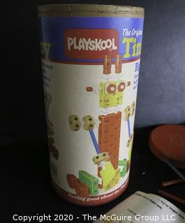 Vintage Playskool Tinker Toy in Container.