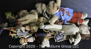 Group of Vintage Stuffed Dolls, Many Handmade. 