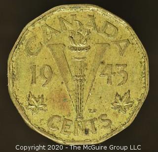 1943 Canadian Five Cent Tombac Coin 