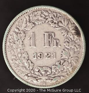 1921-B Swiss 1 Franc; Silver