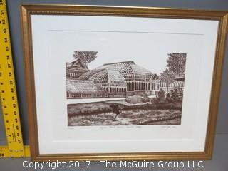 Framed, numbered (5/100) and signed original print titled "Wyman Plant House, Smith Lodge" (Outside Dimensions: 20 x 24")