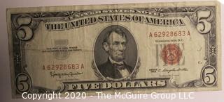 (2)1963 Red Seal 5 Dollar Currency Notes 