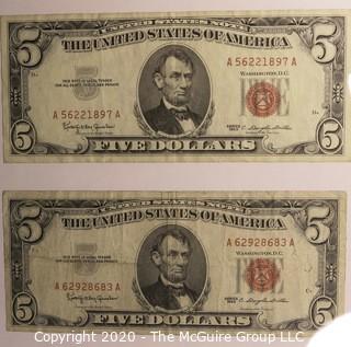 (2)1963 Red Seal 5 Dollar Currency Notes 