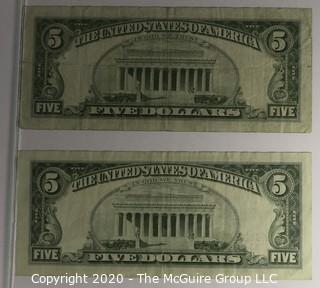 (2)1963 Red Seal 5 Dollar Currency Notes 