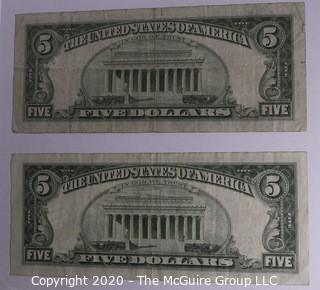 (2)1963 Red Seal 5 Dollar Currency Notes 