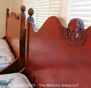 Pair of Twin Size Beds with Carved Angel Motif Headboards; each 48 x 81 x 22" mattress height from floor 