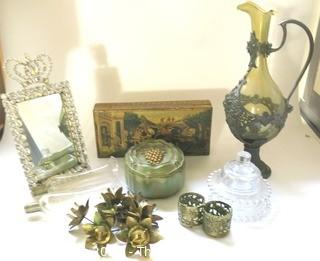 Group of Decorative Items.  Includes  Glass Claret Jug with Bacchus Decoration, Florentine Painted Box and Dish, Metal Gilt Flower or Candle Stems, and Rhinestone Mirror.