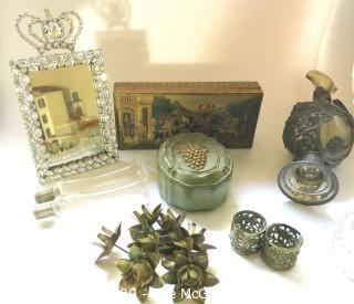 Group of Decorative Items.  Includes  Glass Claret Jug with Bacchus Decoration, Florentine Painted Box and Dish, Metal Gilt Flower or Candle Stems, and Rhinestone Mirror.