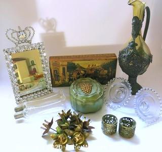 Group of Decorative Items.  Includes  Glass Claret Jug with Bacchus Decoration, Florentine Painted Box and Dish, Metal Gilt Flower or Candle Stems, and Rhinestone Mirror.