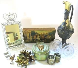 Group of Decorative Items.  Includes  Glass Claret Jug with Bacchus Decoration, Florentine Painted Box and Dish, Metal Gilt Flower or Candle Stems, and Rhinestone Mirror.