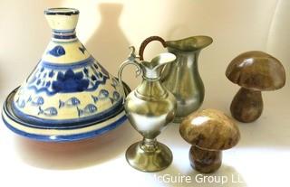 Tagine Baking Dish, Marble Decorative Mushrooms and Two Pewter Pitchers.