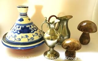 Tagine Baking Dish, Marble Decorative Mushrooms and Two Pewter Pitchers.