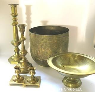 Collection of brass housewares, including candlesticks