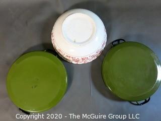 Two Large Green Enamel Paella Pans and Red & White Transferware Porcelain Bowl.