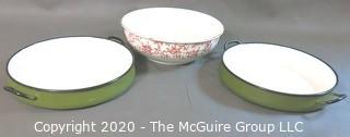 Two Large Green Enamel Paella Pans and Red & White Transferware Porcelain Bowl.