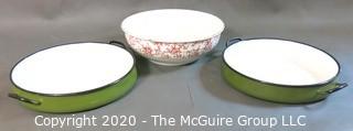 Two Large Green Enamel Paella Pans and Red & White Transferware Porcelain Bowl.