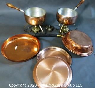 Two Copper Fondue Pots, Copper Pan and Three Copper Dishes.