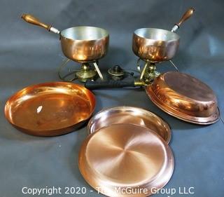 Two Copper Fondue Pots, Copper Pan and Three Copper Dishes.