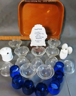 Group of Decorative Items for Entertaining. Includes Blue Glass Votives, Small Glass Serving Bowls, And Reusable Menu Plaque, Etc. 