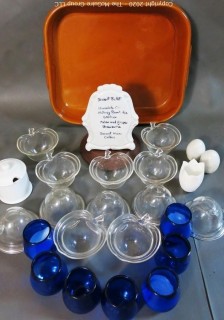 Group of Decorative Items for Entertaining. Includes Blue Glass Votives, Small Glass Serving Bowls, And Reusable Menu Plaque, Etc. 