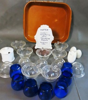 Group of Decorative Items for Entertaining. Includes Blue Glass Votives, Small Glass Serving Bowls, And Reusable Menu Plaque, Etc. 