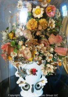 Antique Victorian Dried Flower Arrangement Under Glass, Gilt Mirror and Side Table.