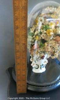 Antique Victorian Dried Flower Arrangement Under Glass, Gilt Mirror and Side Table.