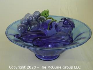 Blue Mid Century Decorative Hand Blown Glass Fruit in Bowl. Bowl Measures approximately 11" in diameter. 