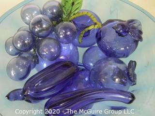 Blue Mid Century Decorative Hand Blown Glass Fruit in Bowl. Bowl Measures approximately 11" in diameter. 