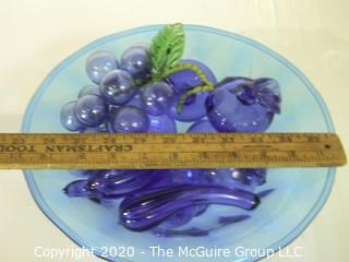 Blue Mid Century Decorative Hand Blown Glass Fruit in Bowl. Bowl Measures approximately 11" in diameter. 