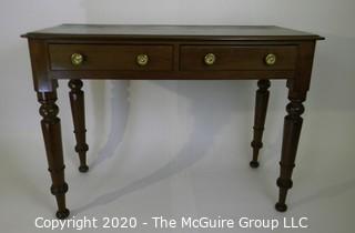 Dark Mahogany Credenza or Console Table with Two Drawers, Brass Pulls and Turned Legs. 