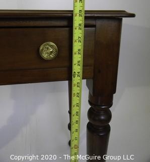 Dark Mahogany Credenza or Console Table with Two Drawers, Brass Pulls and Turned Legs. 