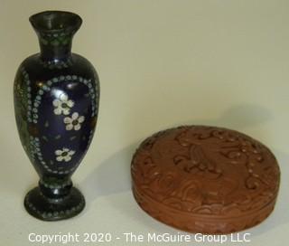 Small Cloisonne Vase with Red Round Cinnabar Carved Box with Lid and Black Lacquer Interior. 