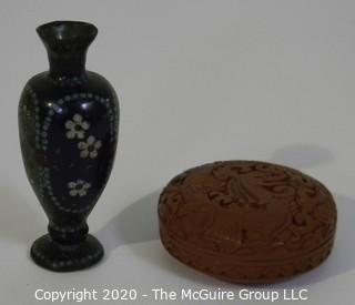 Small Cloisonne Vase with Red Round Cinnabar Carved Box with Lid and Black Lacquer Interior. 