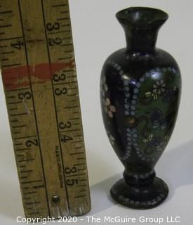 Small Cloisonne Vase with Red Round Cinnabar Carved Box with Lid and Black Lacquer Interior. 