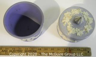 Two Pieces of Blue Wedgwood Jasperware Porcelain.  Includes planter and lidded dish. 