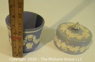 Two Pieces of Blue Wedgwood Jasperware Porcelain.  Includes planter and lidded dish. 