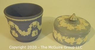 Two Pieces of Blue Wedgwood Jasperware Porcelain.  Includes planter and lidded dish. 