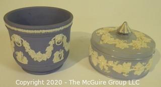 Two Pieces of Blue Wedgwood Jasperware Porcelain.  Includes planter and lidded dish. 