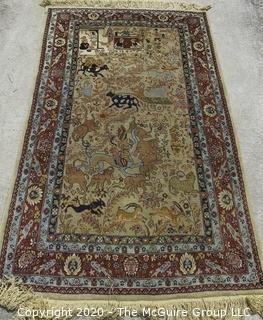 Tabriz Hand Knotted Wool Prayer Rug Animals and Humans on Cream Ground Surrounded by Five Border Guards.  Measures approximately 76" x 42".