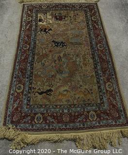 Tabriz Hand Knotted Wool Prayer Rug Animals and Humans on Cream Ground Surrounded by Five Border Guards.  Measures approximately 76" x 42".