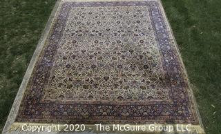 Kerman Persian Circa 1940 Hand Knotted Wool on Wool Rectangular Field with Flowers and Leaves on Beige Ground Surrounded by Five Border Guards.  Measures approximately 105" x 145".