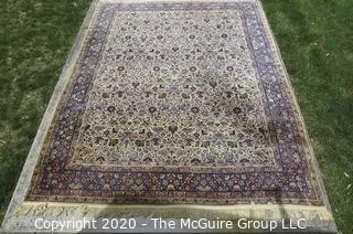 Kerman Persian Circa 1940 Hand Knotted Wool on Wool Rectangular Field with Flowers and Leaves on Beige Ground Surrounded by Five Border Guards.  Measures approximately 105" x 145".