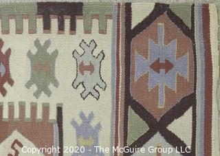 Small Hand Knotted Wool Kilim Rug with Geometric Pattern in Brown on Beige Ground. 