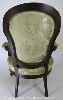 Balloon Back Victorian Arm Chair Upholstered in Silk Fabric; 25"W x 38"T x 16" seat height 