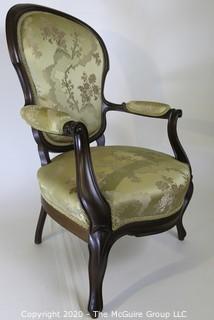 Balloon Back Victorian Arm Chair Upholstered in Silk Fabric; 25"W x 38"T x 16" seat height 