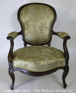 Balloon Back Victorian Arm Chair Upholstered in Silk Fabric; 25"W x 38"T x 16" seat height 