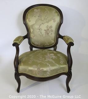 Balloon Back Victorian Arm Chair Upholstered in Silk Fabric; 25"W x 38"T x 16" seat height 