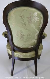 Balloon Back Victorian Arm Chair Upholstered in Silk Fabric; 25"W x 38"T x 16" seat height 